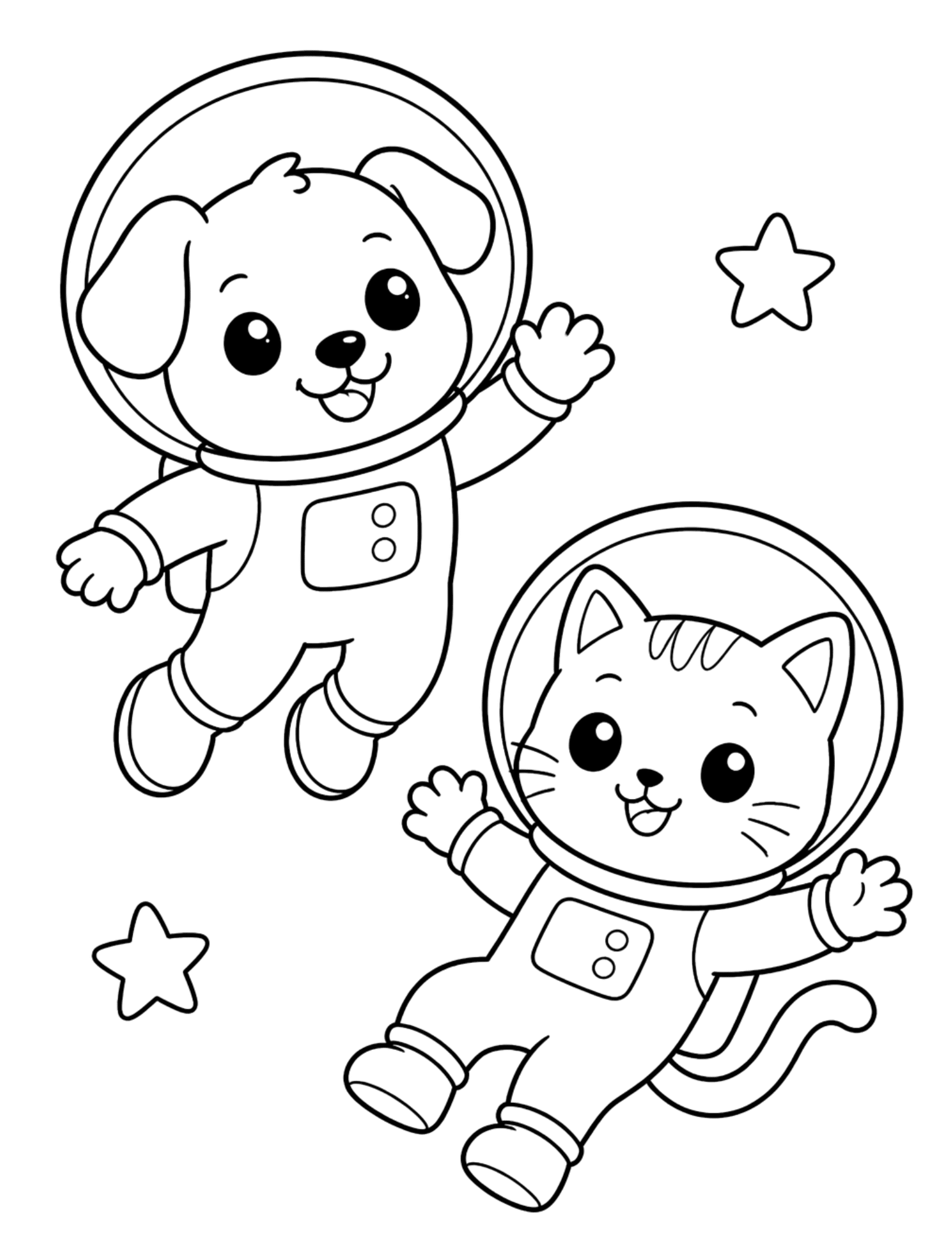 Black-and-white coloring page of a dog and cat in astronaut suits floating near stars.