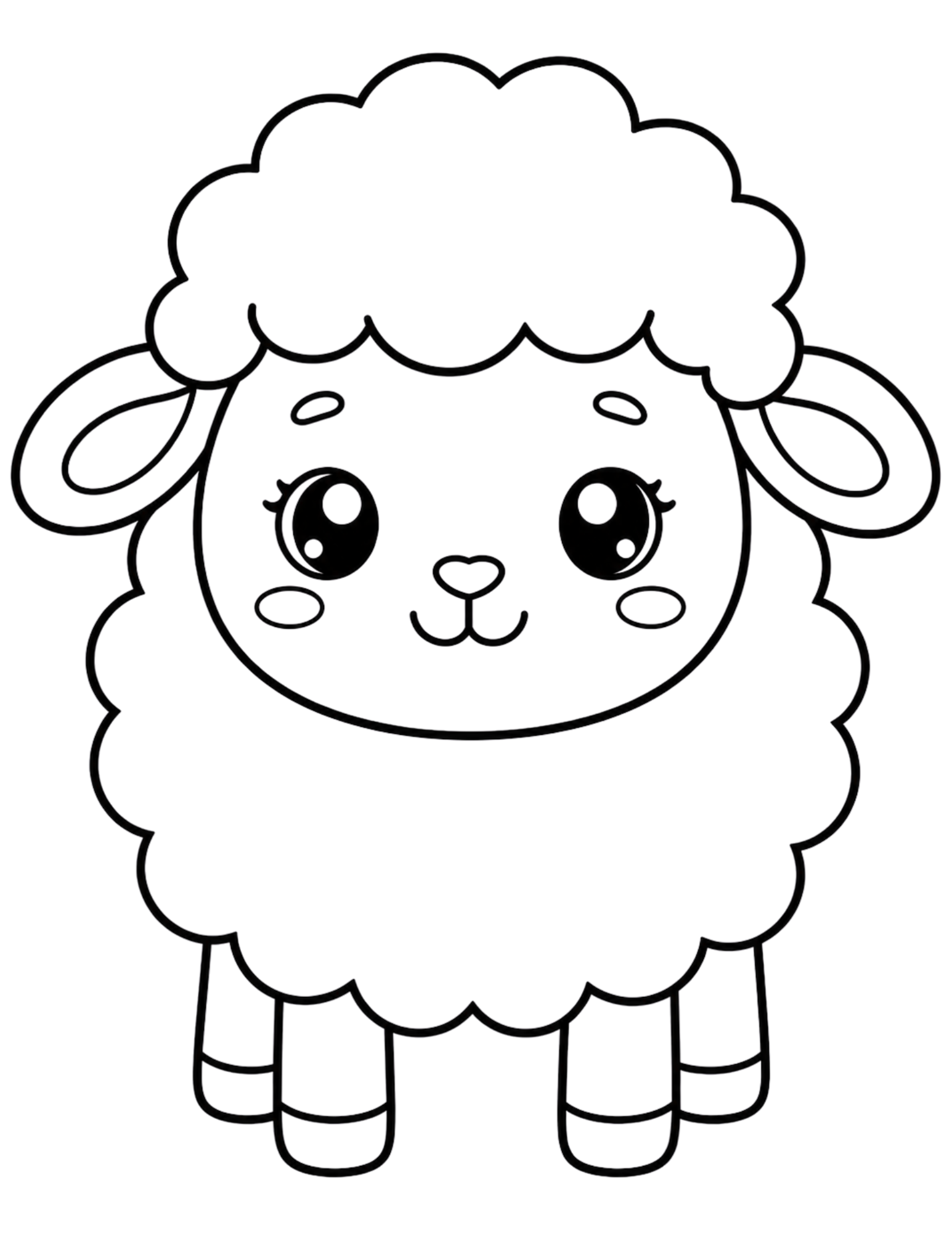 Black-and-white coloring page of a cute sheep with fluffy wool, floppy ears, big eyes, and a smiling face.