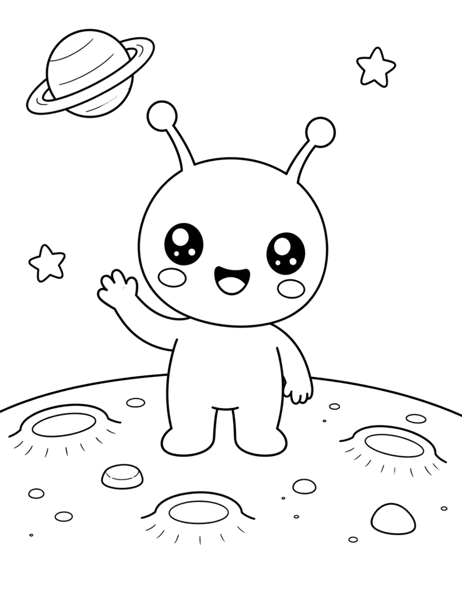Cute alien coloring page with a ringed planet, stars, and craters on a moon surface.