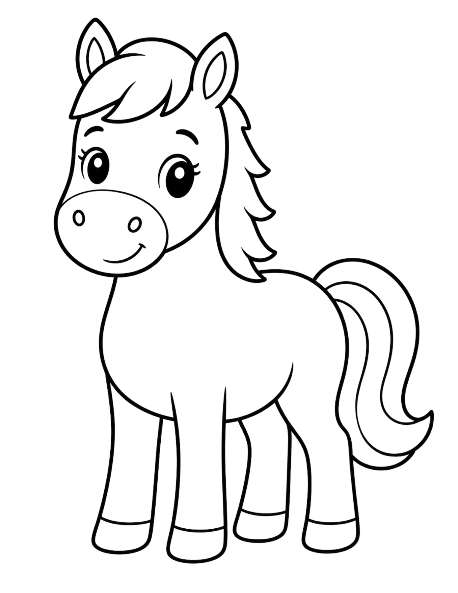 Black-and-white cartoon horse coloring page with large eyes, mane, tail, and thick outlines.