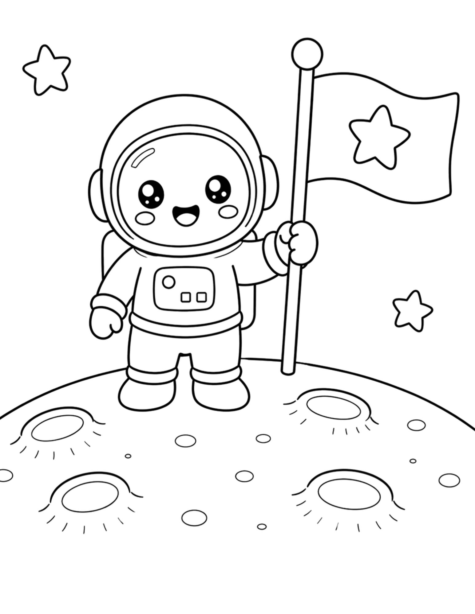 Cute cartoon astronaut on a moon surface holding a star flag, with stars and craters around them.
