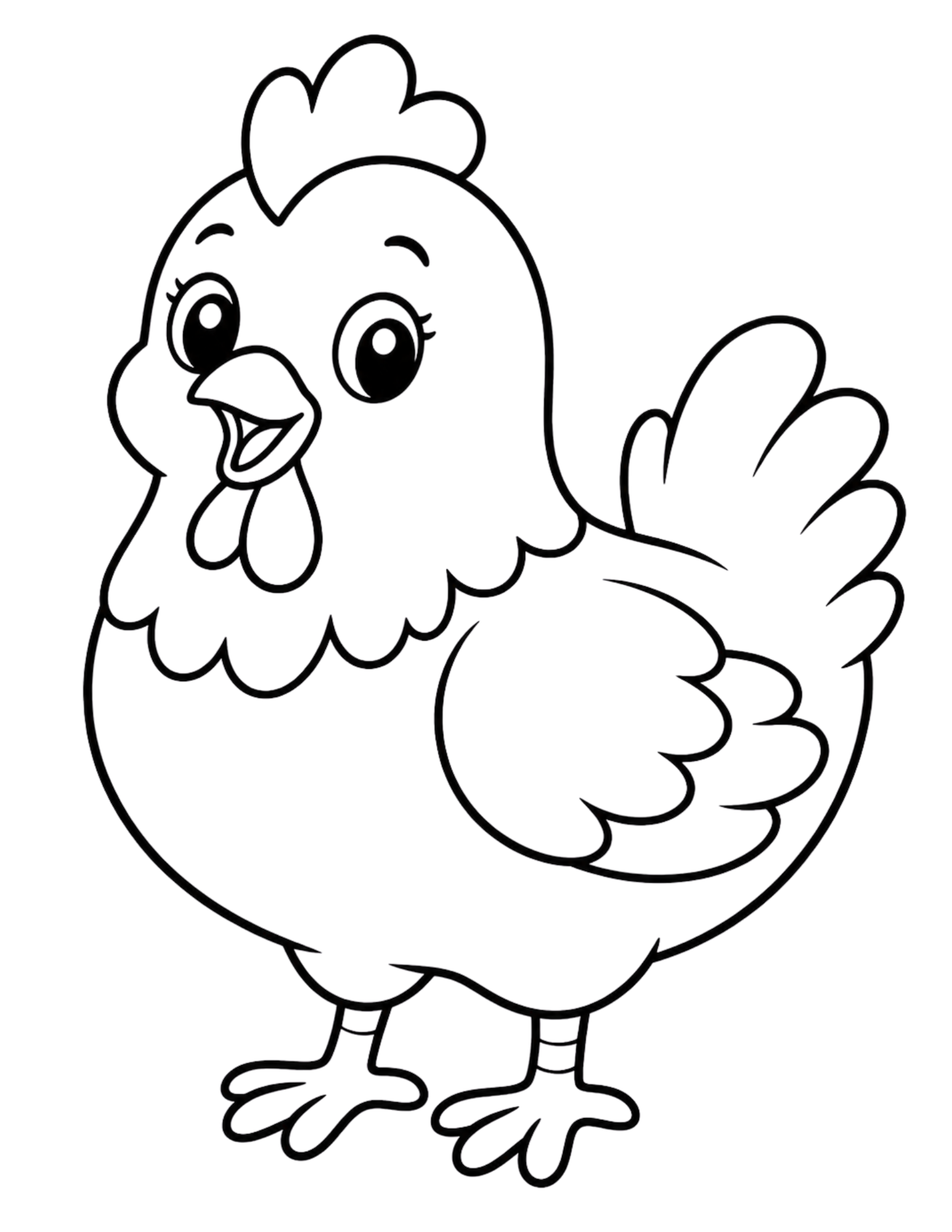 Black-and-white coloring page of a smiling cartoon chicken with large eyes, feathers, wings, and feet.