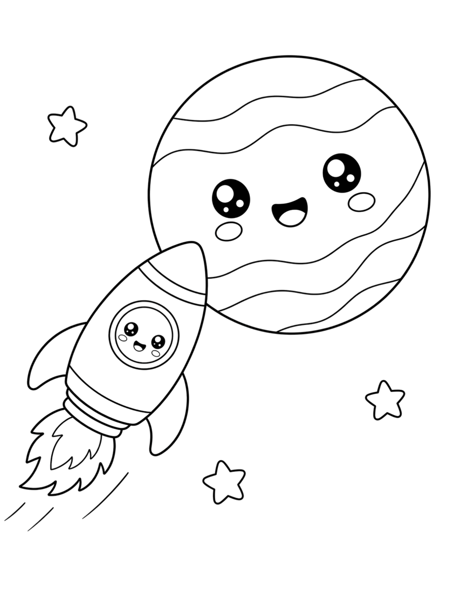 Black-and-white coloring page with a cute rocket flying past a smiling striped planet and stars.