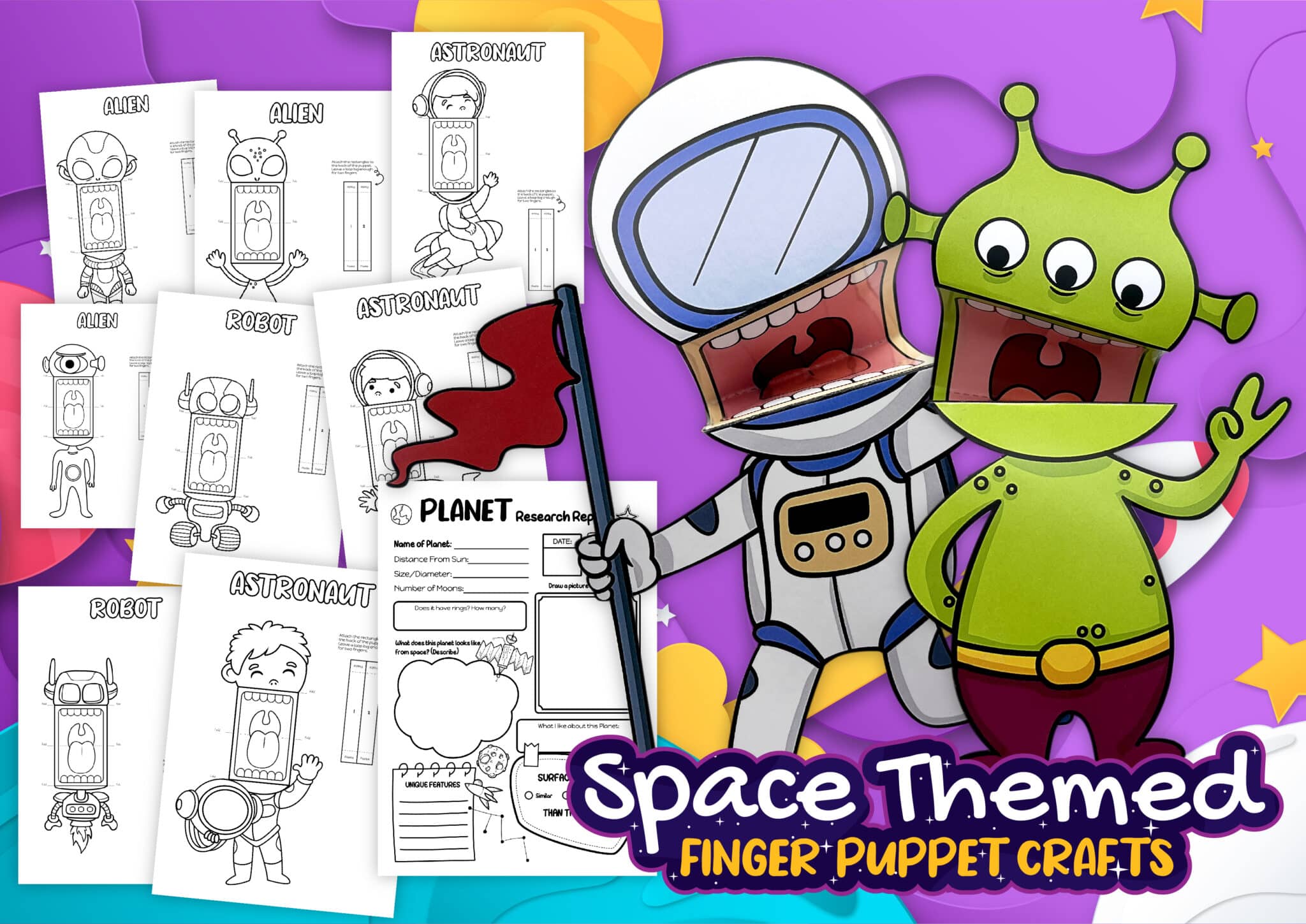 Space-themed finger puppet crafts with astronaut and alien cutouts beside printable coloring pages.