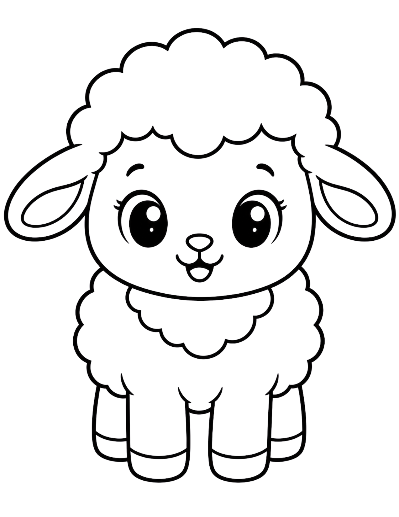 Black-and-white coloring page of a smiling cartoon lamb with fluffy wool, big eyes, and long ears.