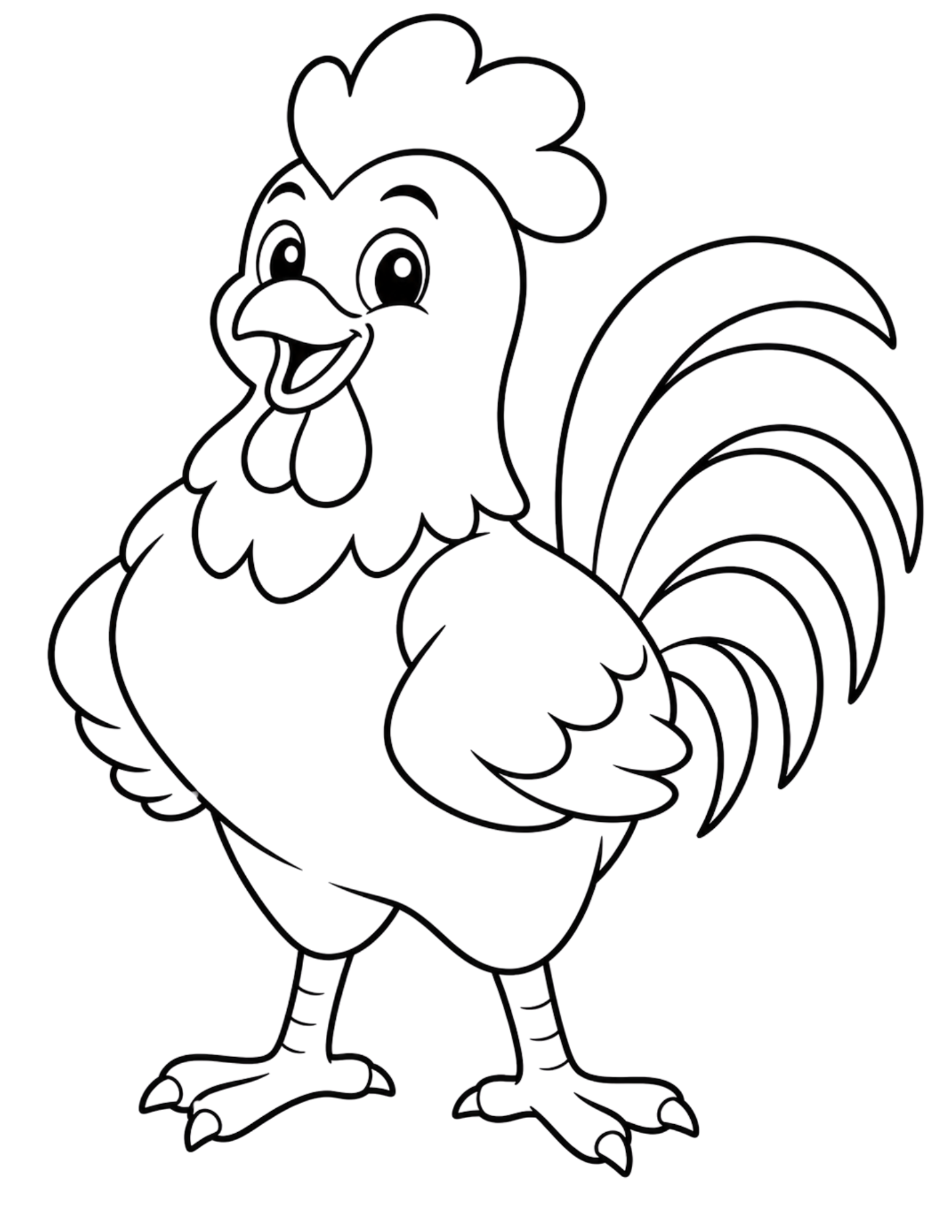 Black-and-white cartoon rooster coloring page with large tail feathers and thick outlines.