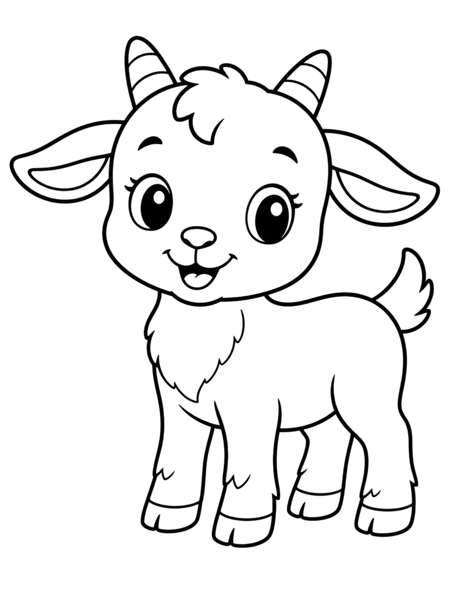 Black-and-white cartoon goat coloring page with horns, big eyes, ears, hooves, and a smiling face.