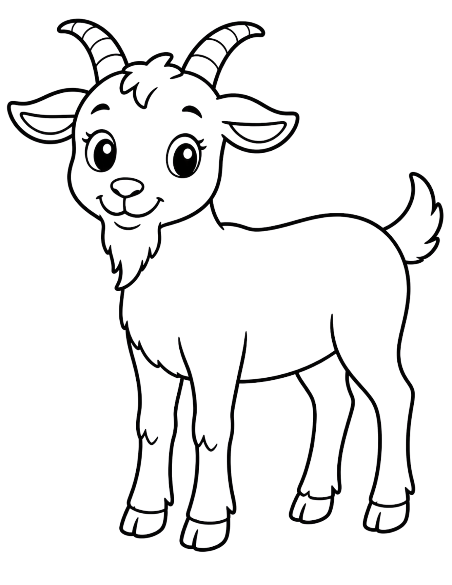Black-and-white coloring page of a smiling cartoon goat with horns, ears, beard, tail, and hooves.