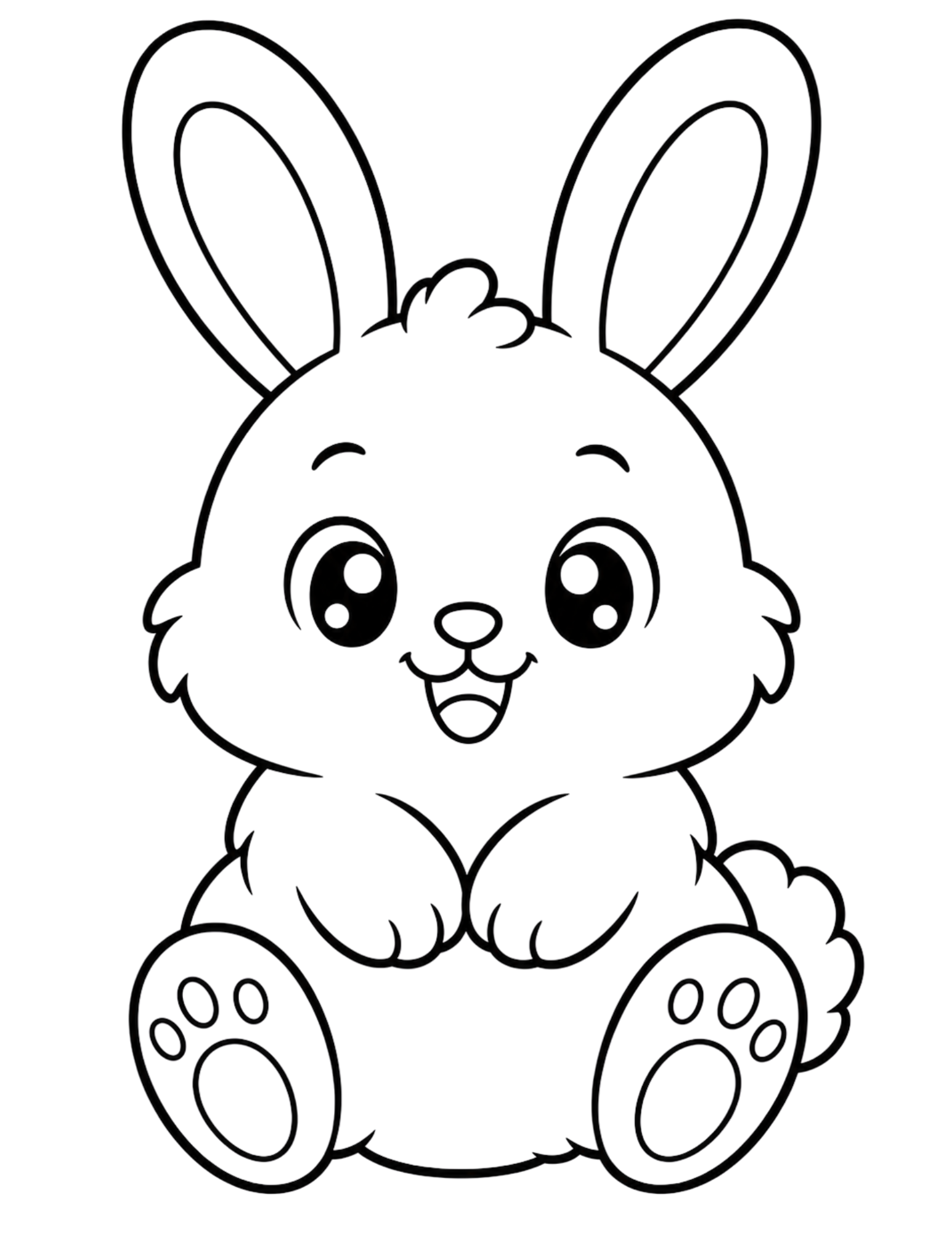 Black-and-white cartoon rabbit coloring outline with large ears, big eyes, paws, and a fluffy tail.