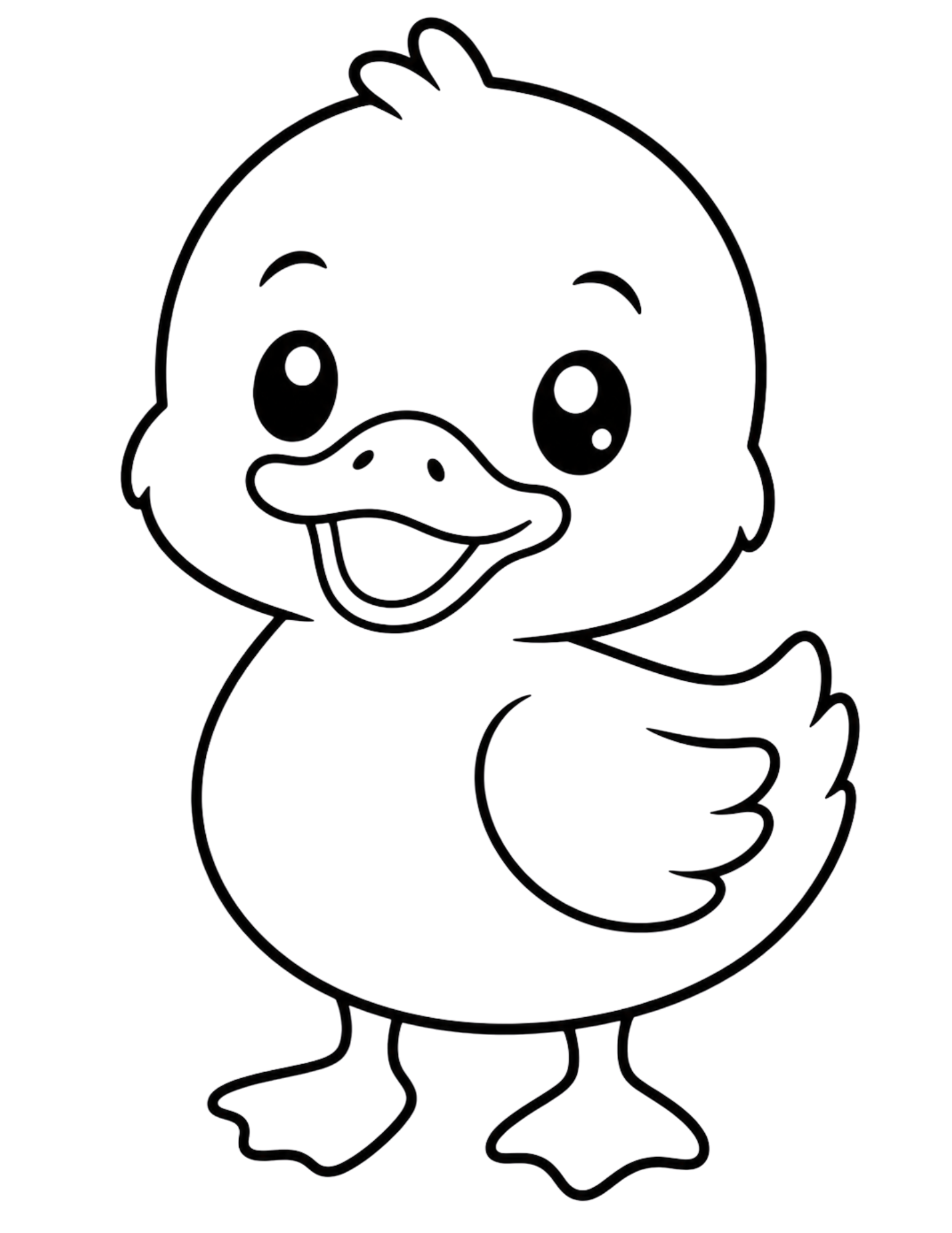 Black-and-white line drawing of a smiling cartoon duck with a beak, wing, webbed feet, and head feathers.