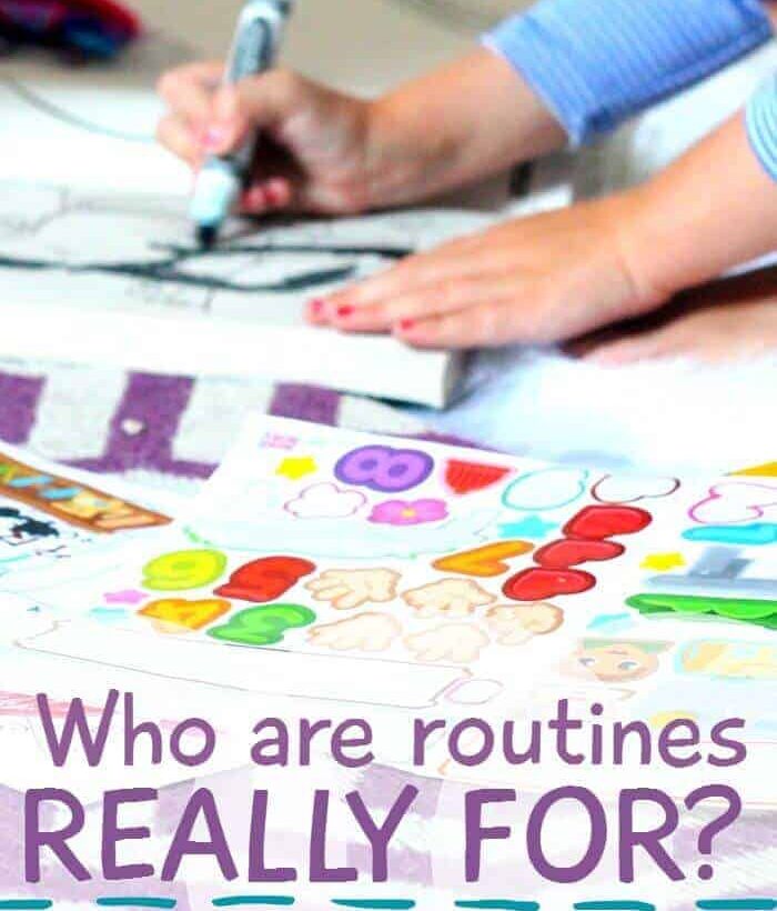 Hands drawing on paper above the text "Who are routines REALLY FOR? Kids or Moms?"