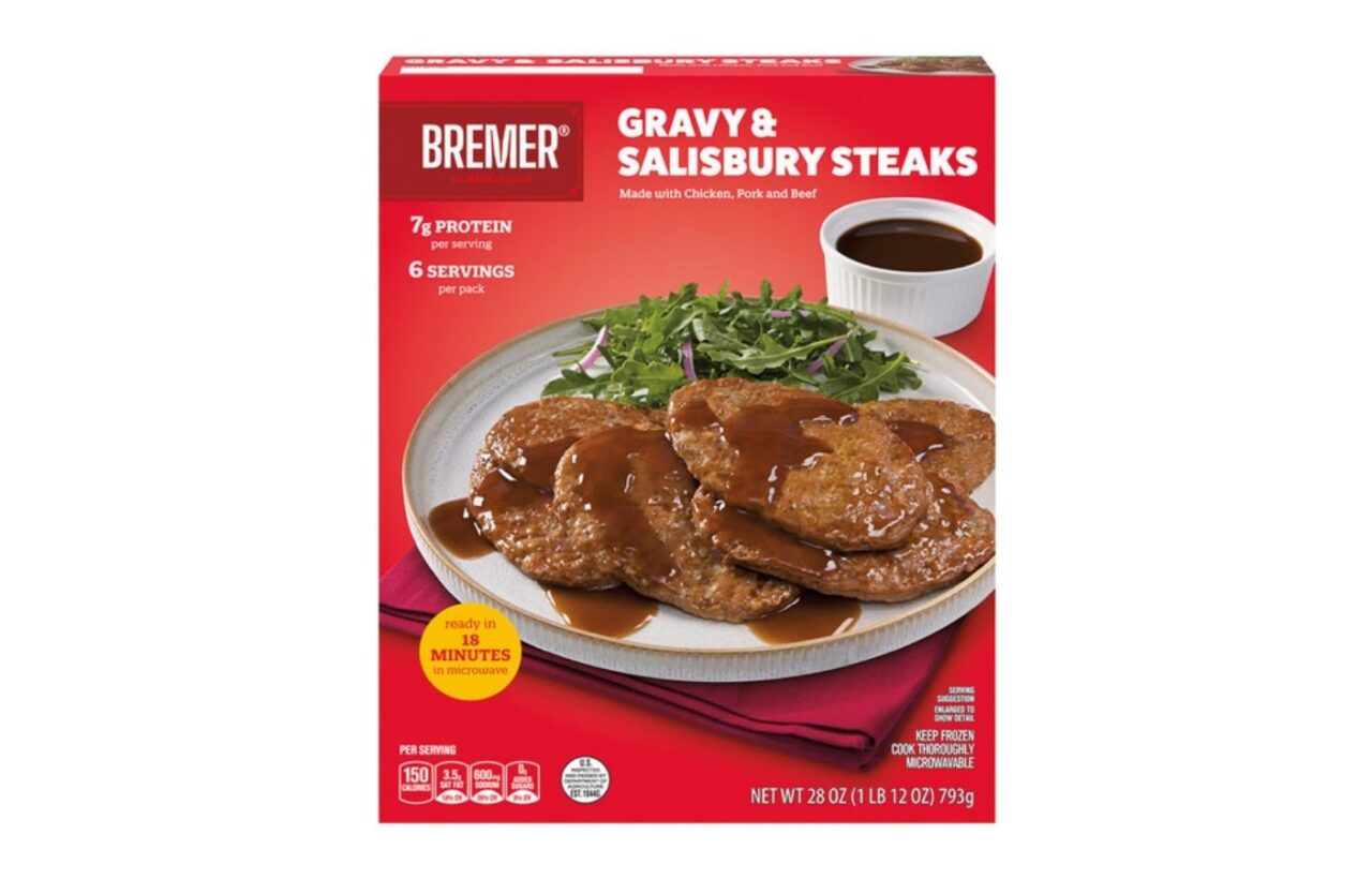 Bremer Gravy & Salisbury Steaks frozen meal box with plated steaks, gravy, greens, and product text.
