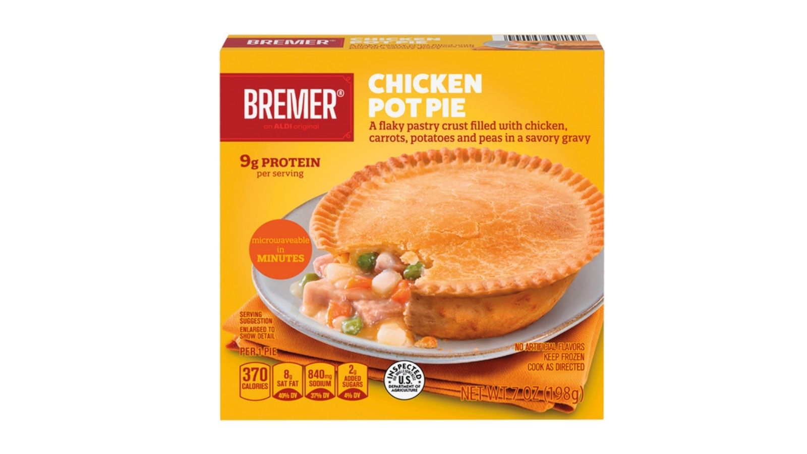 Bremer Chicken Pot Pie box with a plated pot pie and yellow package front.