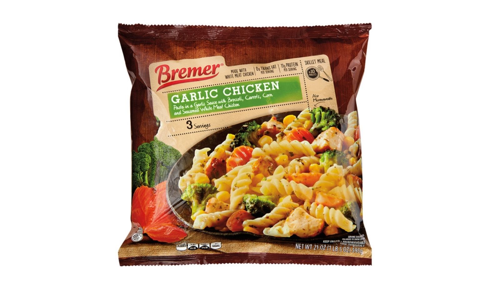 Bremer Garlic Chicken frozen meal bag with pasta, chicken, broccoli, carrots, and corn on the package