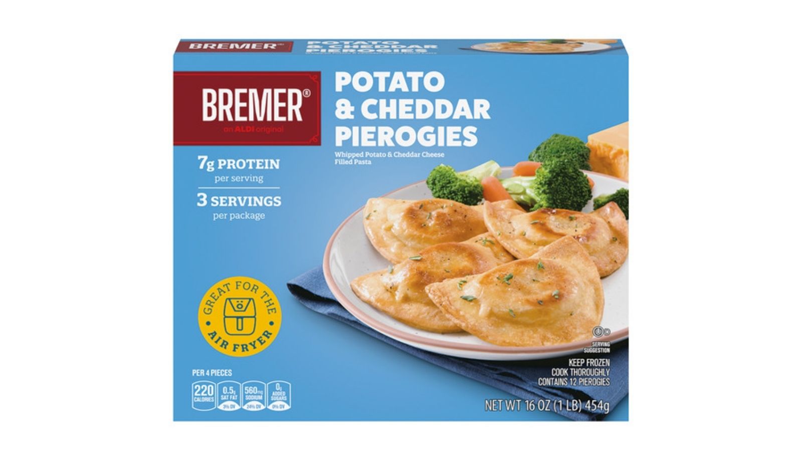 Bremer Potato & Cheddar Pierogies box with cooked pierogies, vegetables, and package details.