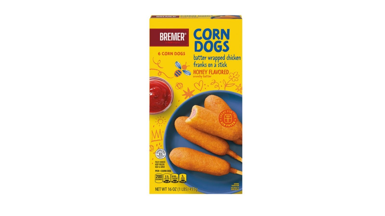 Bremer Corn Dogs box with yellow packaging, corn dogs on a blue plate, and ketchup shown on the front