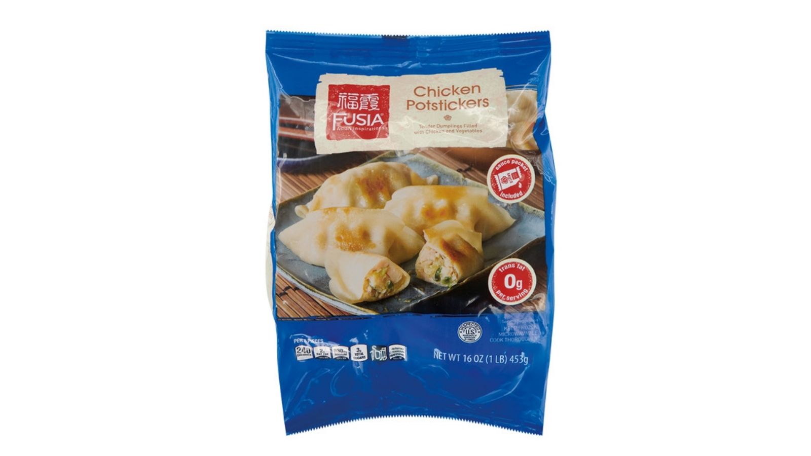 Blue Fusia Chicken Potstickers package with dumplings shown on the front