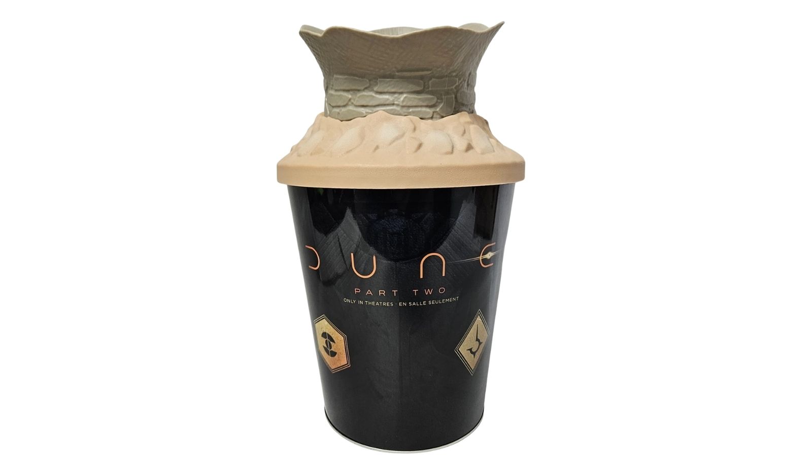 Black Dune Part Two popcorn container with sculpted sand-colored and stone-like lid