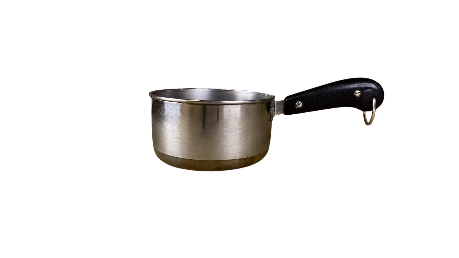 Stainless steel saucepan with a black handle on a plain white background