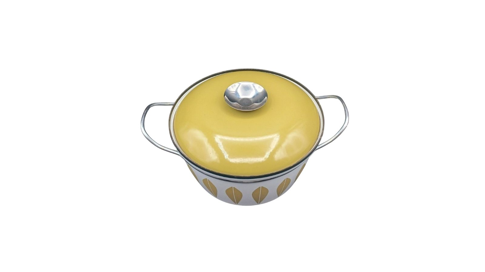 Yellow-lidded enamel pot with chrome handles on a white background