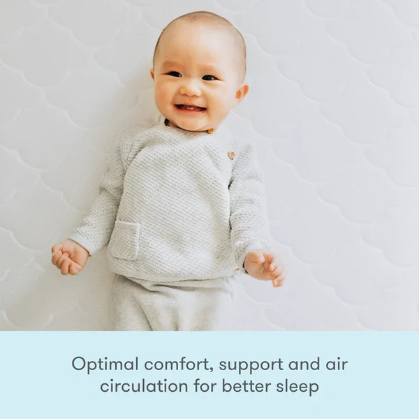 Smiling baby in a gray outfit lying on a white mattress above text about comfort and air circulation