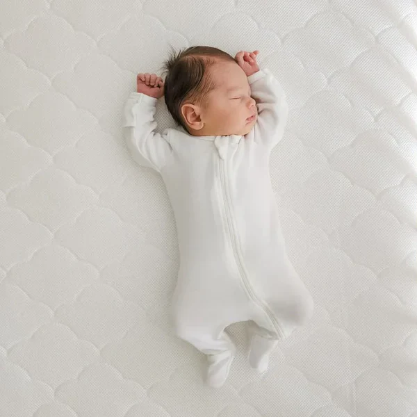 Sleeping baby in a white zippered sleeper lying on a white quilted surface with arms raised.