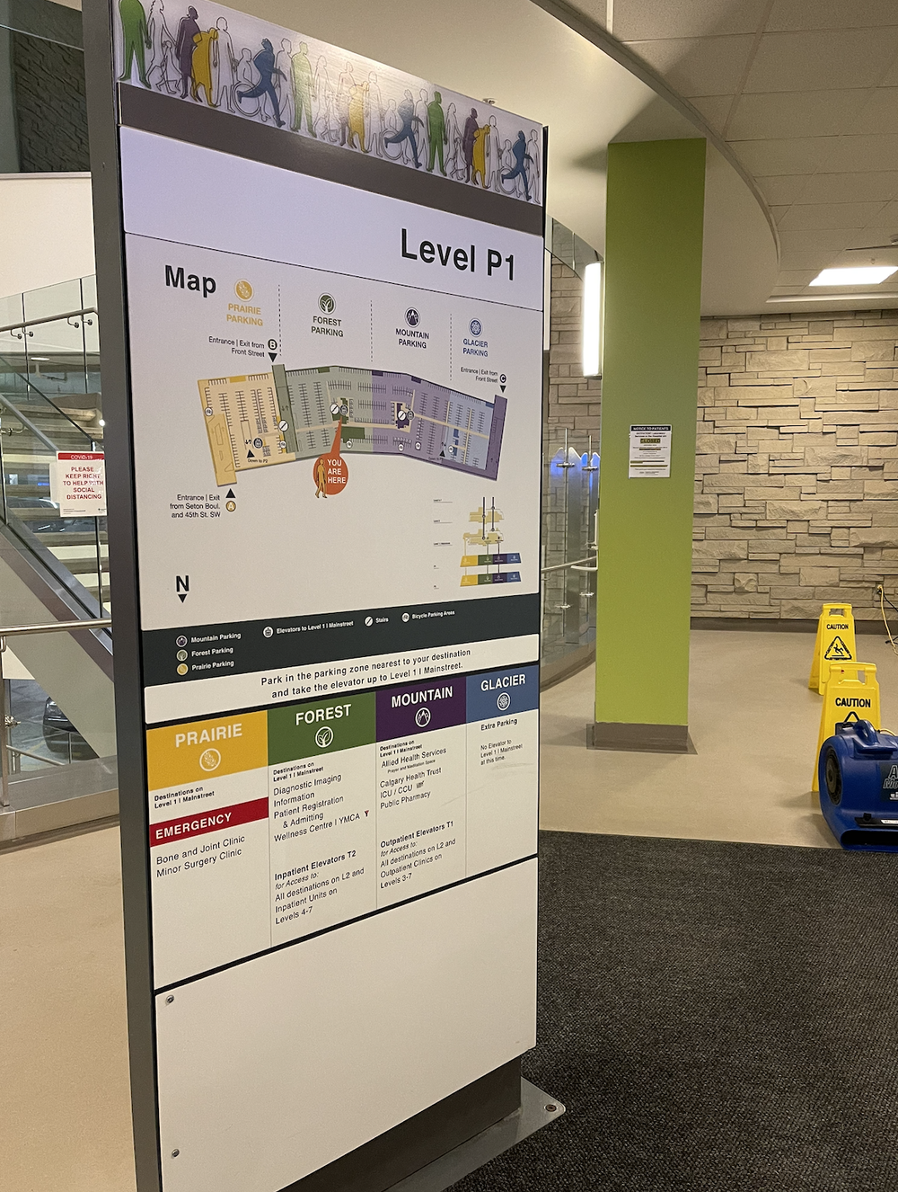 Indoor Level P1 parking map sign with Prairie, Forest, Mountain, and Glacier sections.