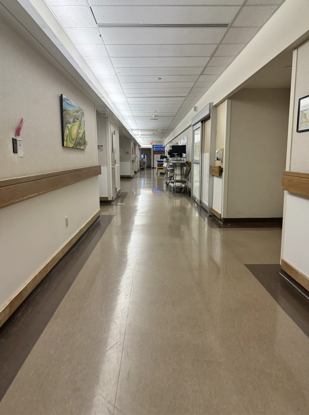 Long clinical hallway with beige walls, ceiling panels, wall art, and medical carts near glass doors.
