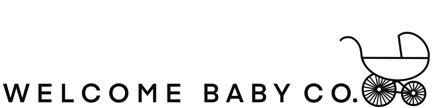 Dark horizontal logo reading "WELCOME BABY CO." with a baby carriage icon on the right.