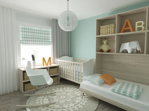 Bright nursery with crib, daybed, desk, patterned rug, shelves, and letter decor