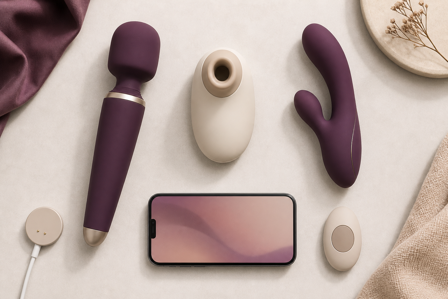 Overhead arrangement of three purple and cream adult toys, a smartphone, remote and magnetic charger.