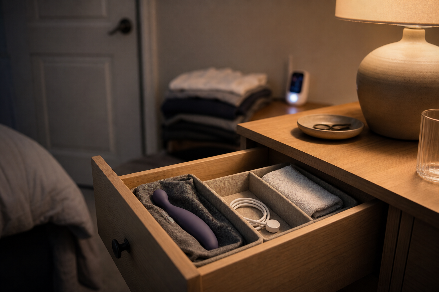Open bedside drawer with a purple adult toy, coiled charging cable, fabric pouch and folded cloth.