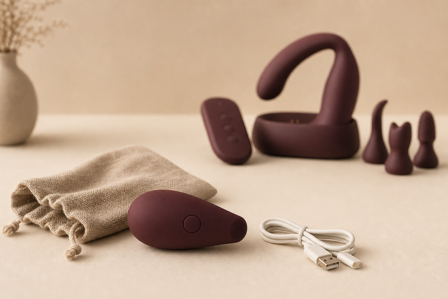 Compact burgundy one-button device, fabric pouch and USB cable in front of a larger device with attachments.