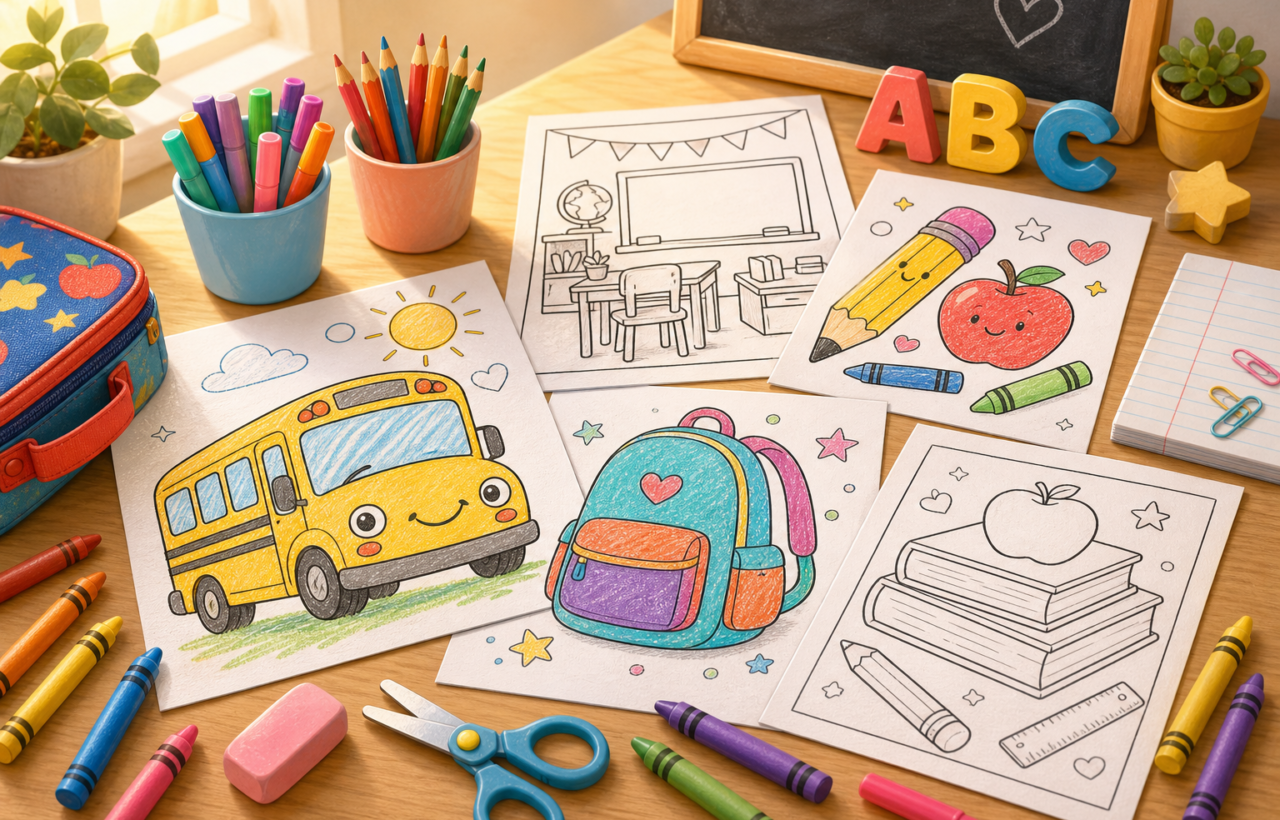 Printable back-to-school coloring pages with crayons, markers, pencils, alphabet blocks, and school supplies on a sunny tabletop.
