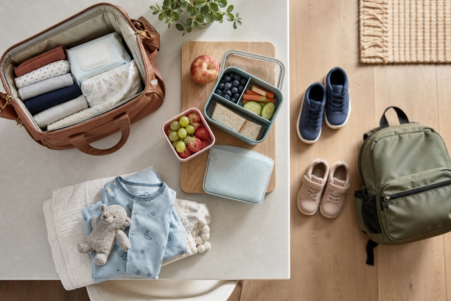 Household items are arranged into separate preparation zones for bags, lunches, bedtime, and leaving the house.