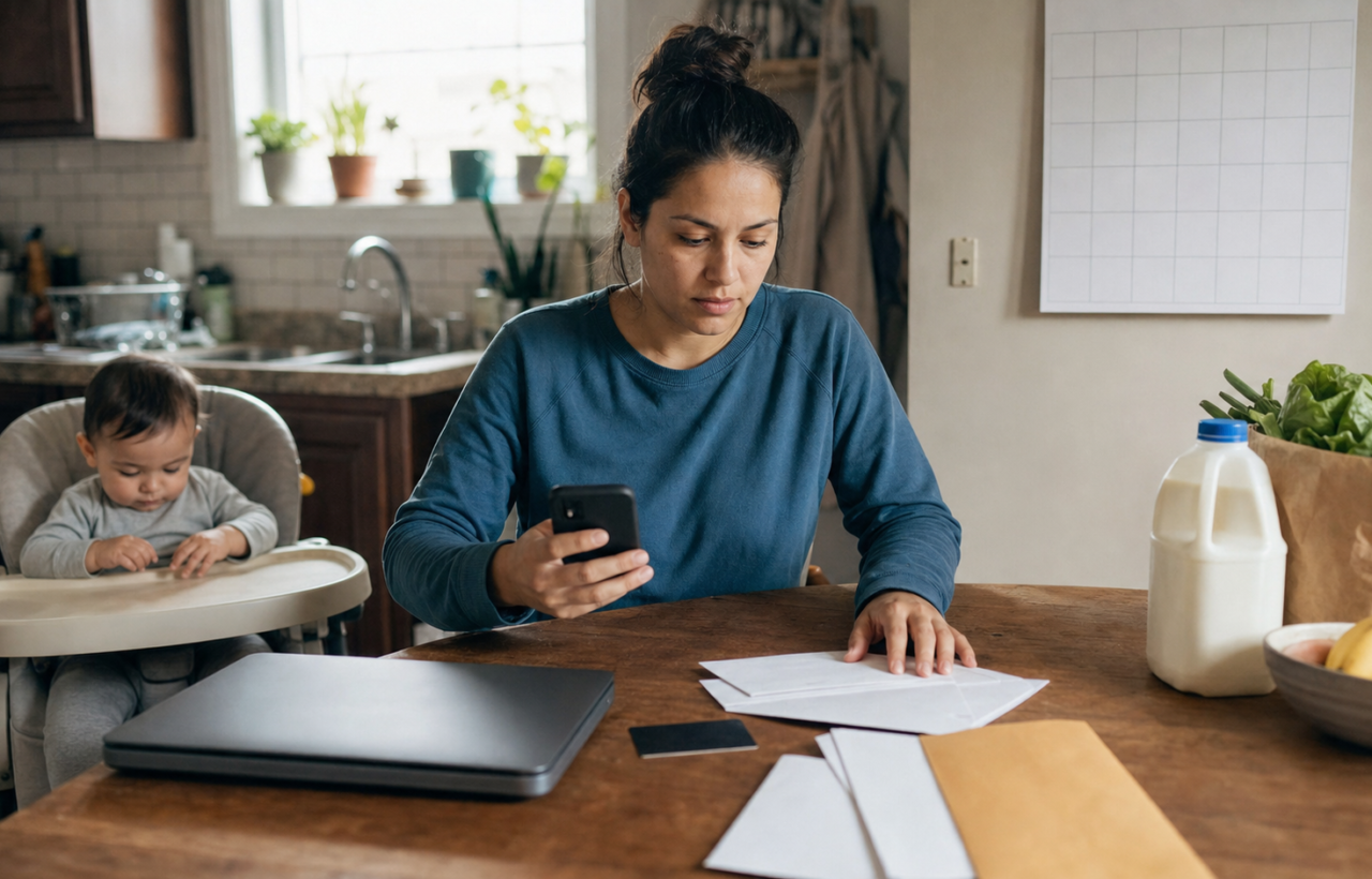 A caregiver checks a phone at a kitchen table while a baby sits nearby and household envelopes, a bank card, and groceries rest on the table.