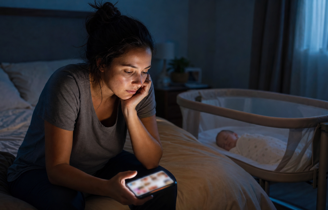 A tired parent looks at a smartphone while a baby sleeps in a bassinet beside the bed at night.