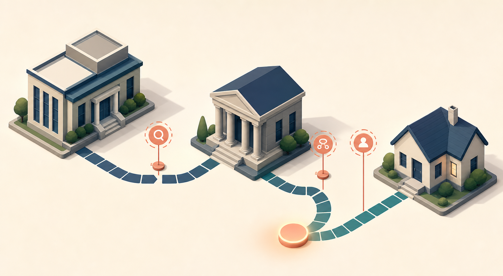 An isometric illustration shows a payment path connecting a civic office, a bank, and a home, with possible interruption points along the route.