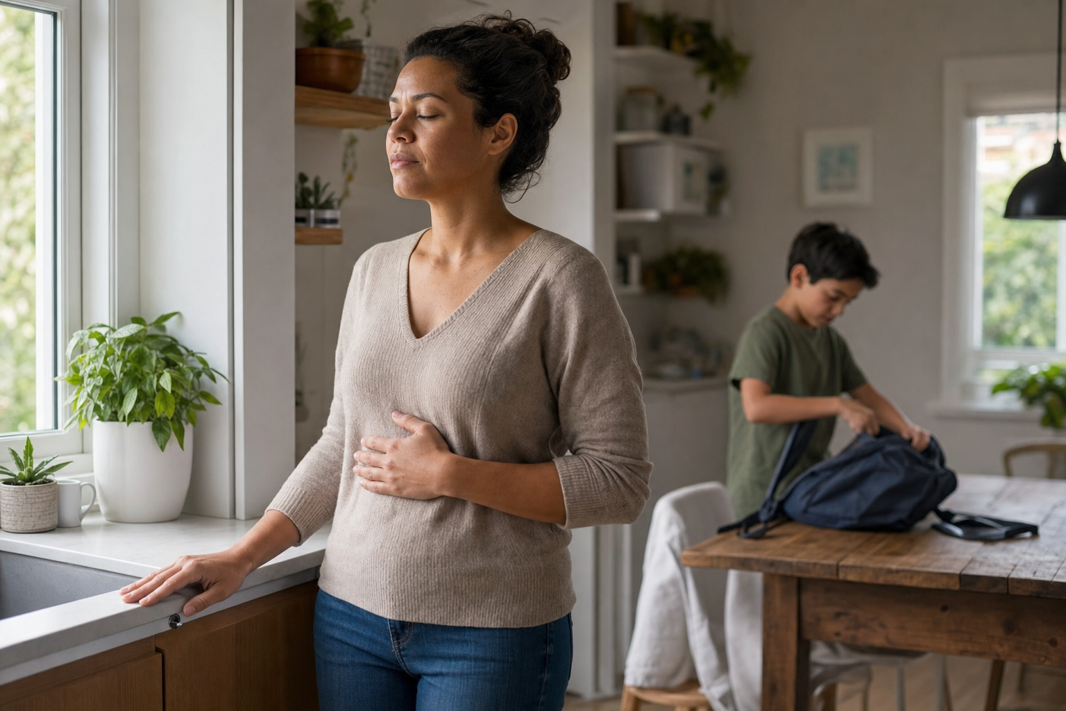 A caregiver pauses to take a calming breath while a child packs a backpack in the background.