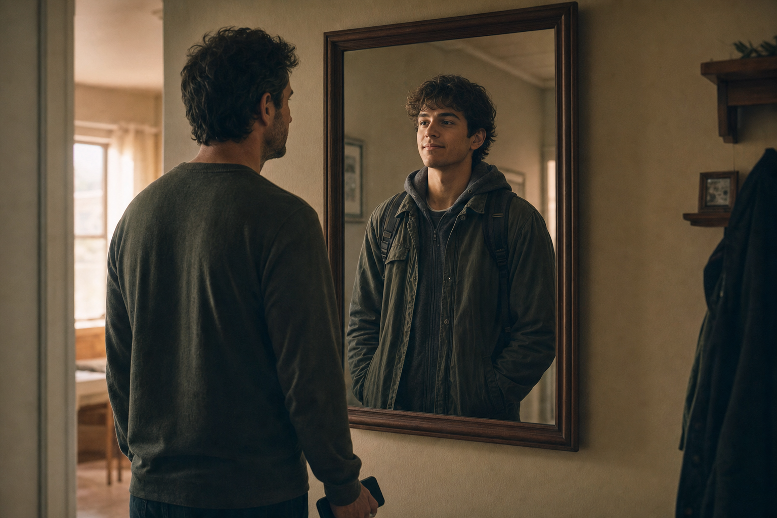 An adult holding a phone faces a mirror that reflects a younger teenage version of the same person.