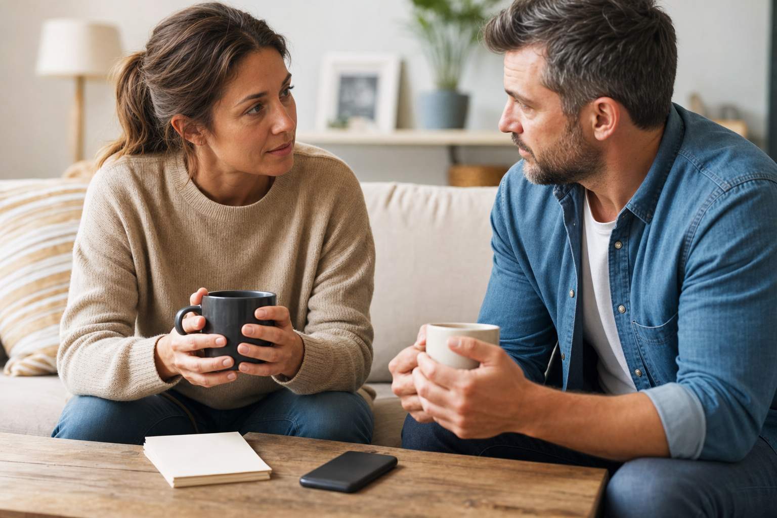 Two parents sit on a couch talking with mugs and blank cards on a nearby table.