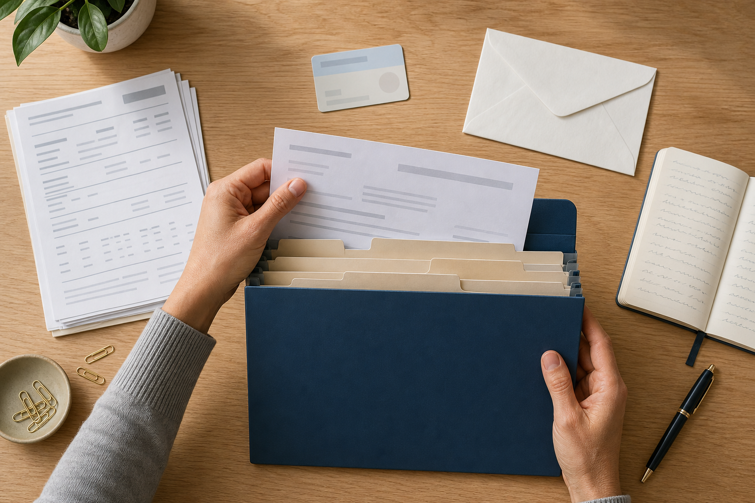 Hands organize document copies, a generic identification card, an envelope, and a notebook inside an expanding file folder.