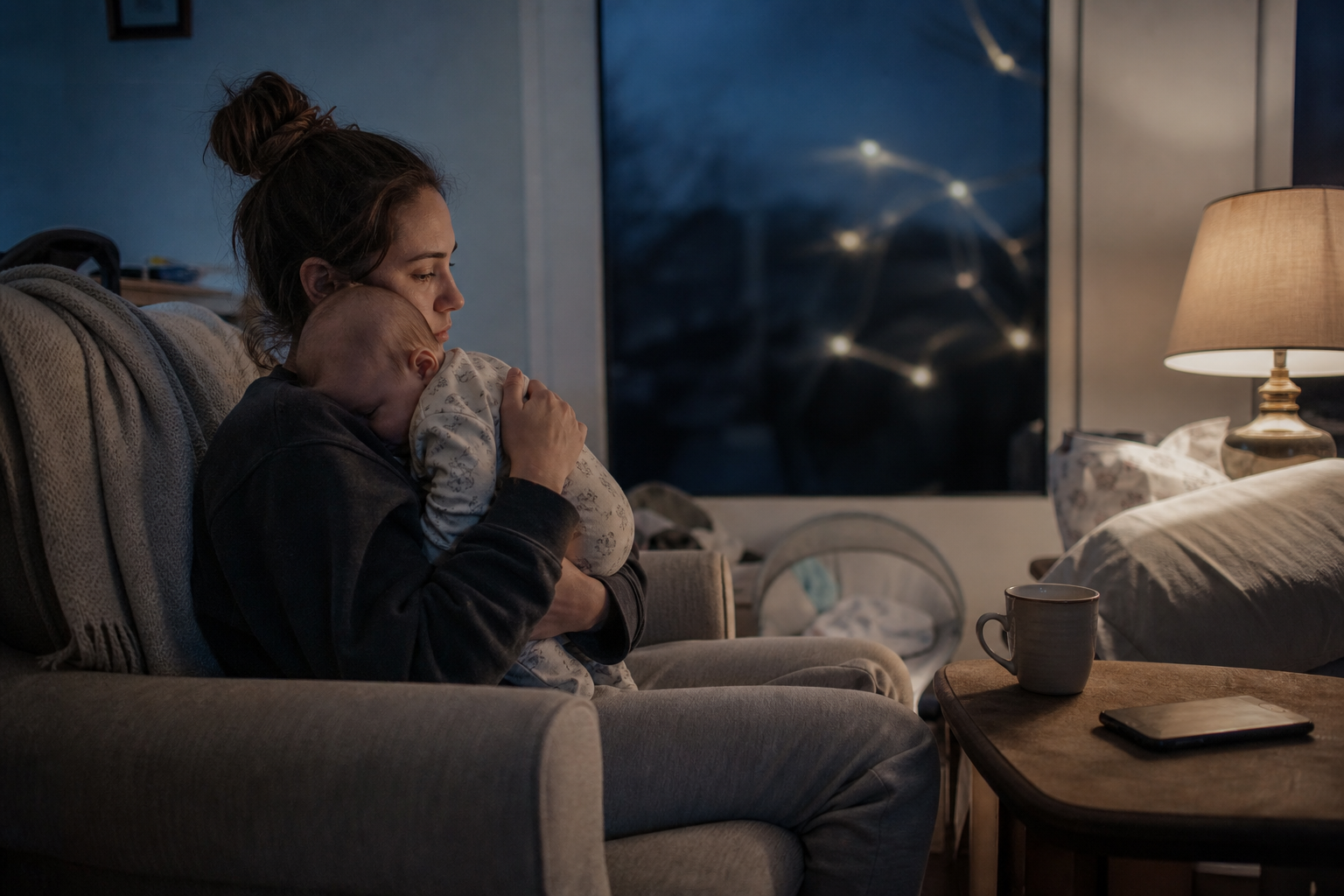 A parent cradles a baby before dawn beside a face-down phone, with branching light reflections visible in the window.