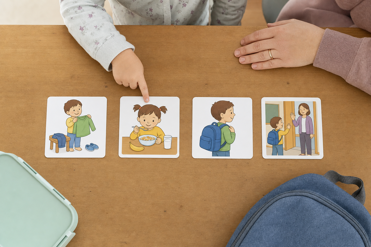 A caregiver and child arrange wordless picture cards showing the steps of a school-morning routine.