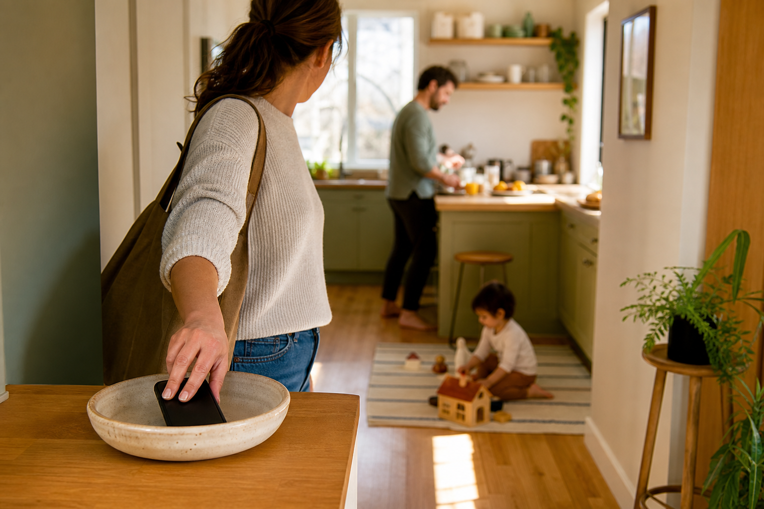 A parent places a smartphone face down near the doorway and turns toward their partner and child in a bright kitchen.