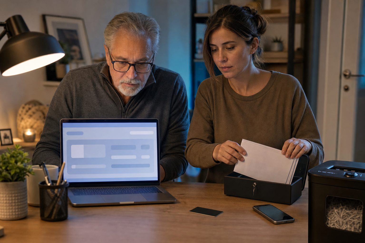 An older adult reviews a generic banking screen while a younger family member places financial papers into a locking document box.