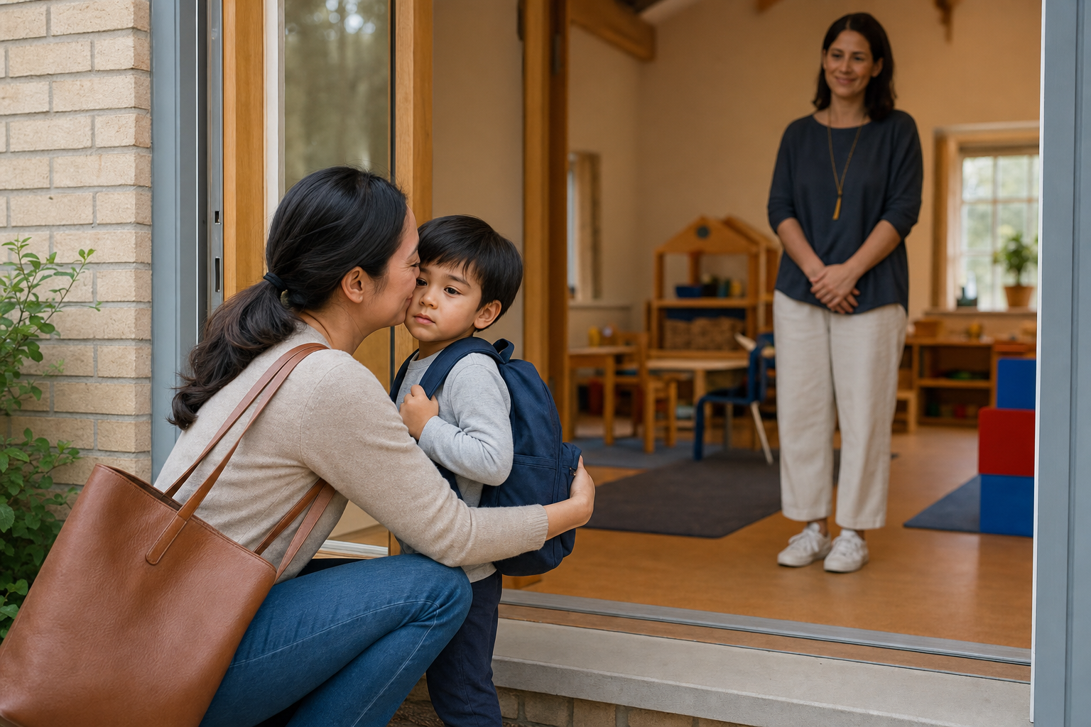 A caregiver gives a young child a brief hug at a classroom entrance while an educator waits nearby.