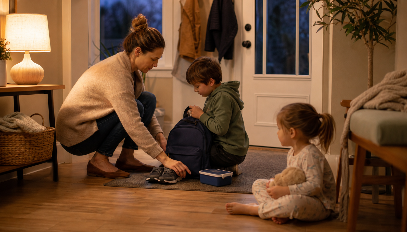 A parent and child prepare shoes, a backpack, and a lunch container near the door in the evening.