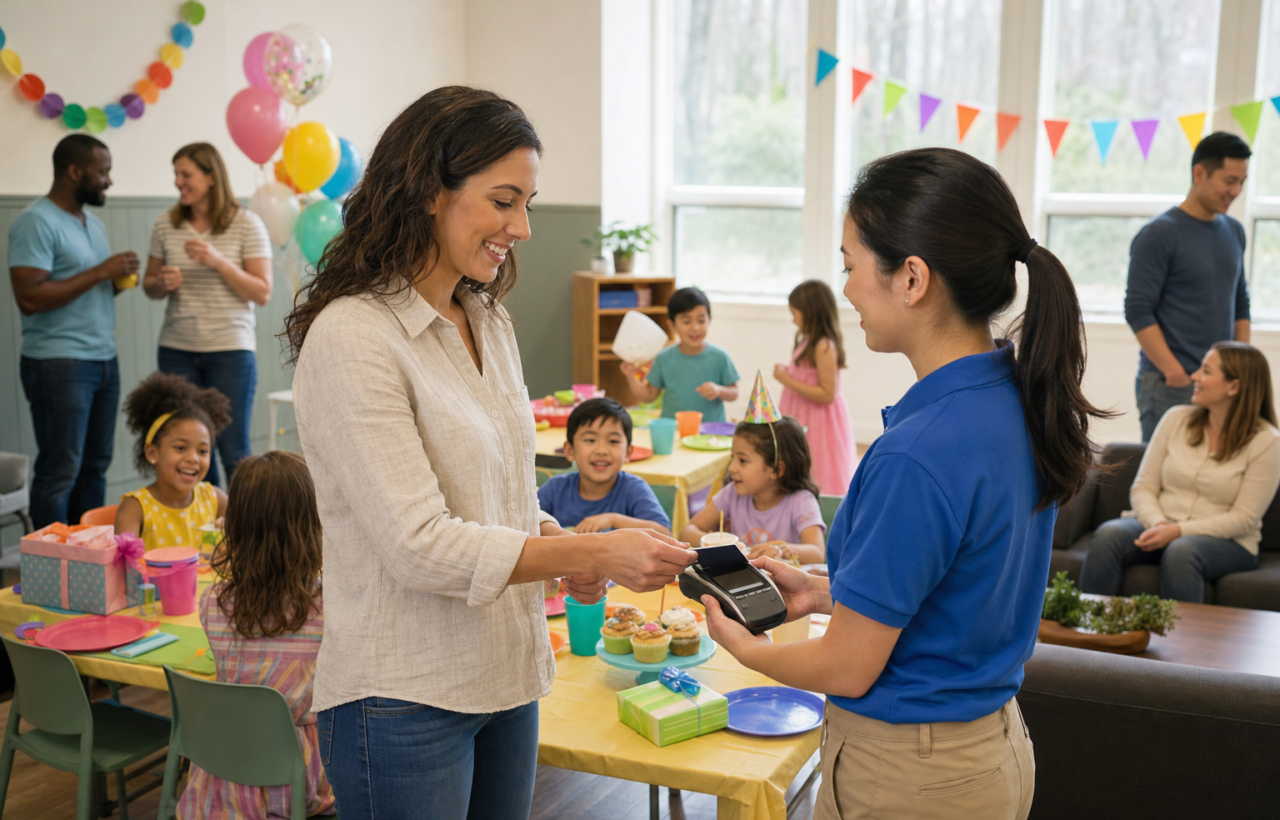 A hosting parent settles a payment with a party attendant while children and invited families enjoy a birthday celebration.