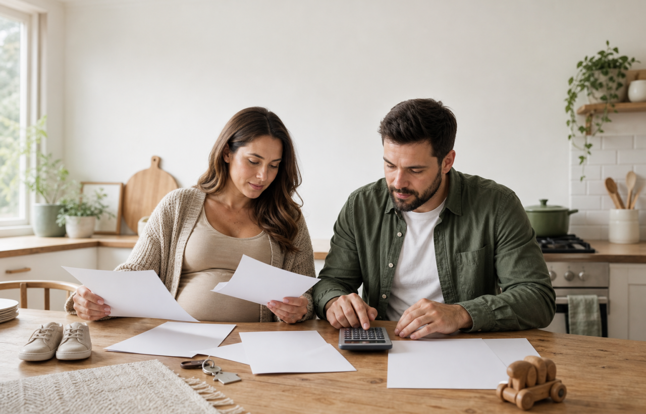 Expectant parents compare blank mortgage papers with a calculator beside baby shoes and house keys at a kitchen table.